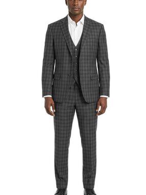 Dark Grey Windowpane Plaid Notch Lapel 3 Piece Men's Suit
